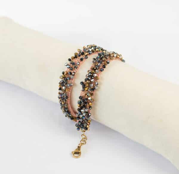 Bracelet double en plaqué or rose et perles de Swarovski noires